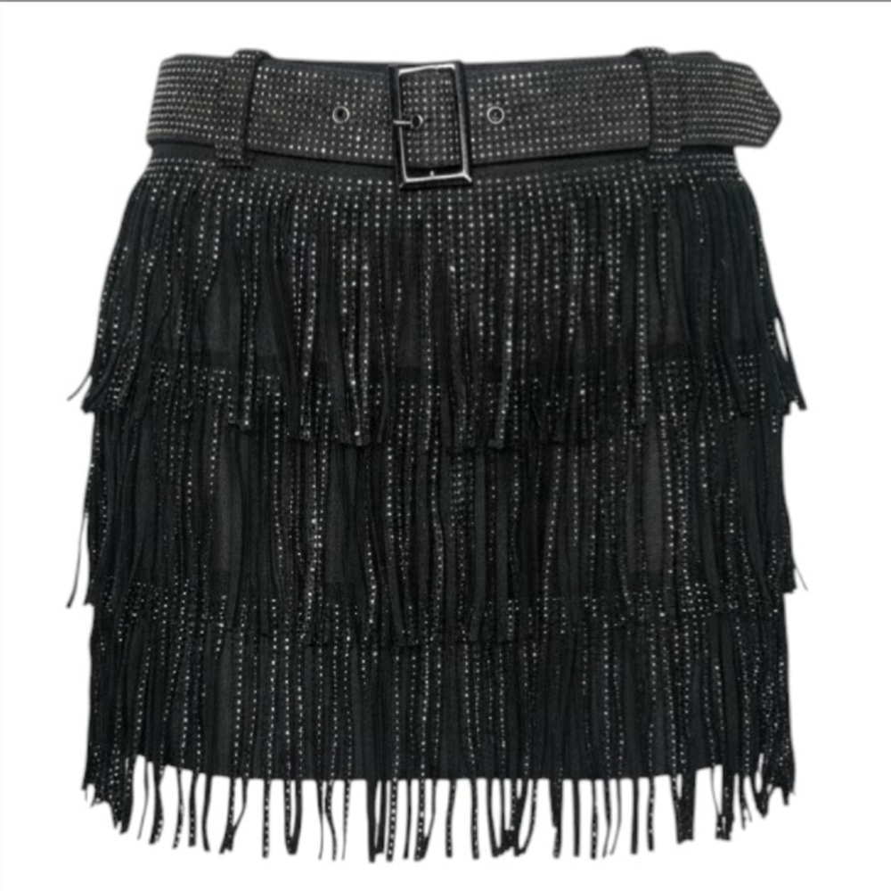 Blushing Brunette Skort Eye Catcher Fringe Black Rhinestone Western Nashville Lg - Picture 3 of 5